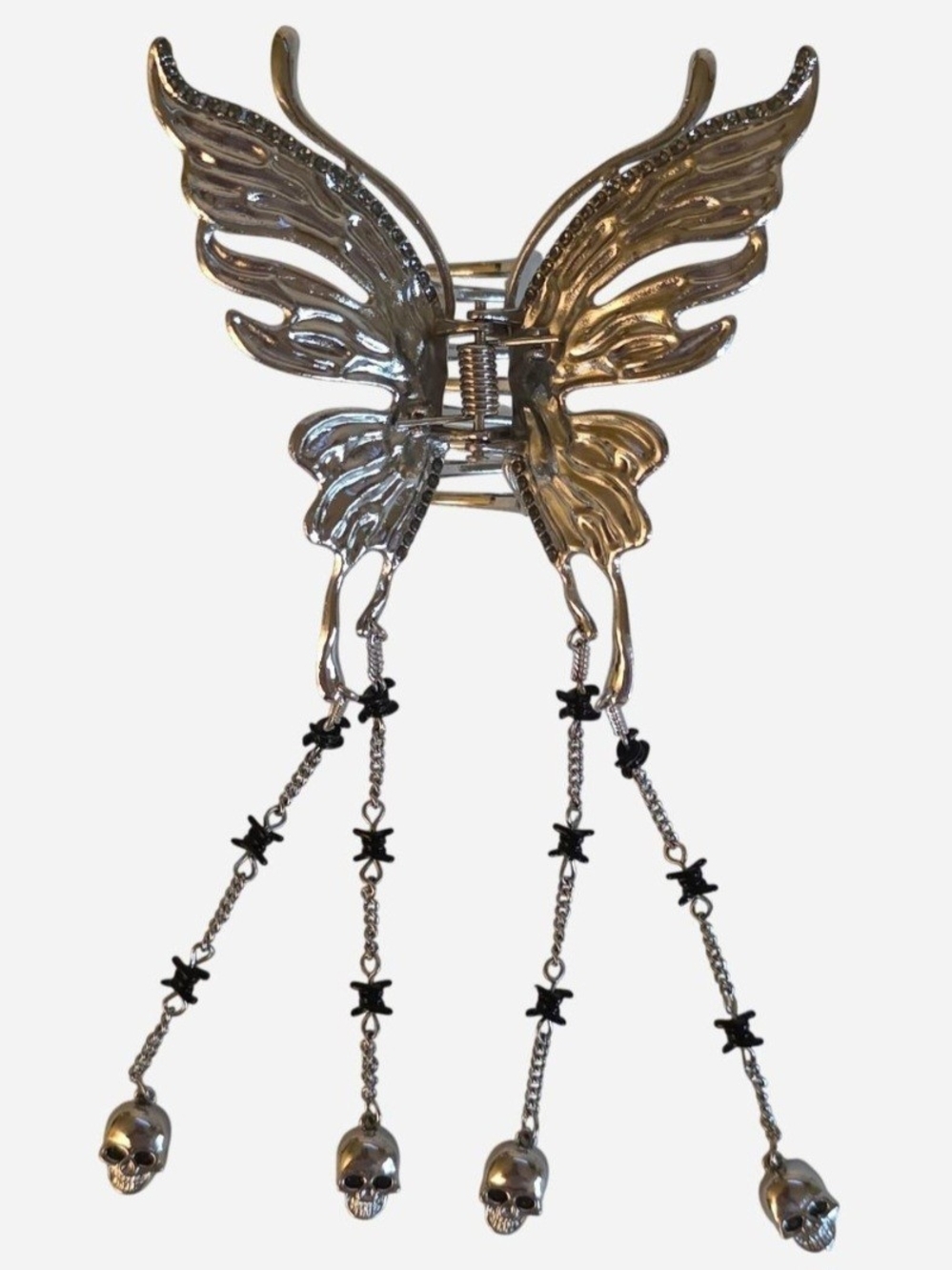 Social Collision Silver Butterfly Skull Charm Claw Hair Clip w/Crystals Details